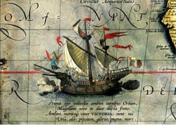 Victoria, το μοναδικό πλοίο του Μαγγελάνου που ολοκλήρωσε τον πρώτο περίπλου της γης. Λεπτομέρεια από χάρτη του Ortelius,1590